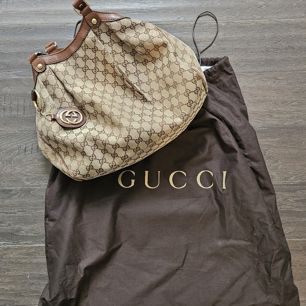 GUCCI Sukey Shoulder Tote Bag GG Canvas Dark Tan Leather